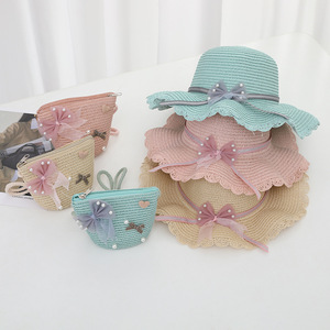 Ensemble 2 pièces <span class=keywords><strong>Chapeau</strong></span> <span class=keywords><strong>de</strong></span> <span class=keywords><strong>paille</strong></span> et sac à main Summer Girl Children New Flower Bowknot Beach Cap Straw Hat Panama Kid Baby Girl Sun Hat - Product Image 3
