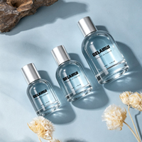 Emballage de flacon de parfum personnalisé en usine, cylindre plat transparent 30ml 50ml 100ml, couvercle en métal argenté de haute qualité avec boîte