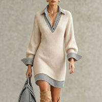 Robe élégante pour femme, nouvelle collection automne/hiver 2026, tricotée, rayée, patchwork, col en V profond, col à revers, pour le commerce transfrontalier