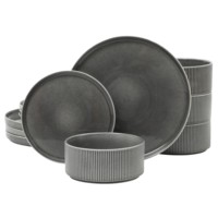 Service de table 12 pièces en grès émaillé réactif, style moderne classique, pour 4 personnes, comprenant assiettes plates, assiettes à salade, bols et tasses