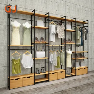 Fashion clothes store clothing display shelf retail rack dress display stand wooden rack