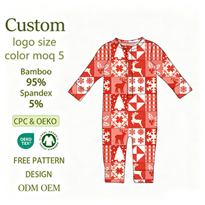 Combinaison pour bébé garçon populaire, imprimé patchwork renne de Noël, en fibre de bambou, durable, à manches longues - Product Image 1