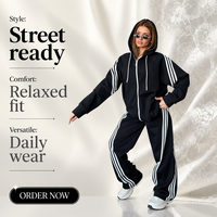 Ensemble sport et loisirs de style européen et américain avec empiècements contrastés, veste à col montant zippée et pantalon large