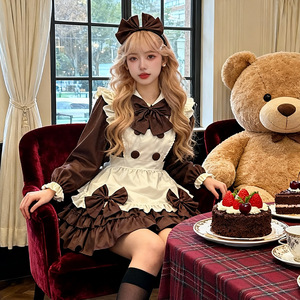 Robe Lolita Maid Cafe marron à manches longues, tablier, nœud et coiffe, costume de cosplay pour jeu de rôle anime - Product Image 3