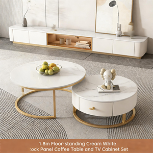 Juego <span class=keywords><strong>de</strong></span> Mesa <span class=keywords><strong>de</strong></span> Centro Redonda y Mueble para <span class=keywords><strong>TV</strong></span> <span class=keywords><strong>de</strong></span> Estilo Moderno y Lujoso, con Marco Metálico, Acabado Brillante, Imitación Mármol, con Cajones, en Blanco y Dorado - Product Image 2