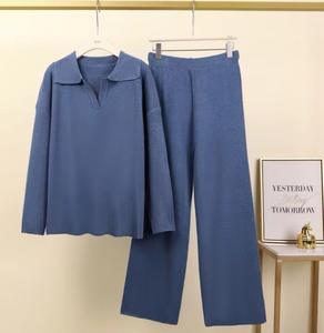 Conjunto de 2 Piezas de Suéter de Punto con Cuello Alto y Pantalones Anchos para Mujer, Otoño Invierno - Product Image 5