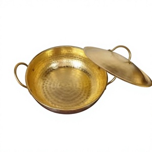 Kadahi en laiton pur fait main avec deux poignées et couvercle, ustensile de cuisine chinois traditionnel pour cuisson sur cuisinière, pot rond durable - Product Image 1