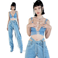 Ensemble deux pièces polyvalent personnalisé pour femmes, mode de rue décontractée, soutien-gorge sexy et jean droit taille haute avec gilet en jean fronde