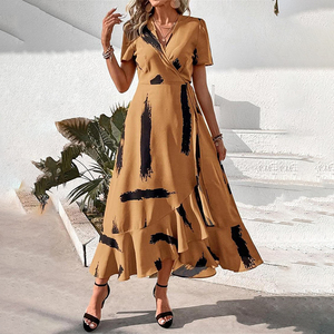 <span class=keywords><strong>Maxi</strong></span> abito da donna con stampa estiva bohémien Casual Boho floreale con scollo a V manica corta con motivo a volant abiti lunghi da spiaggia - Product Image 4