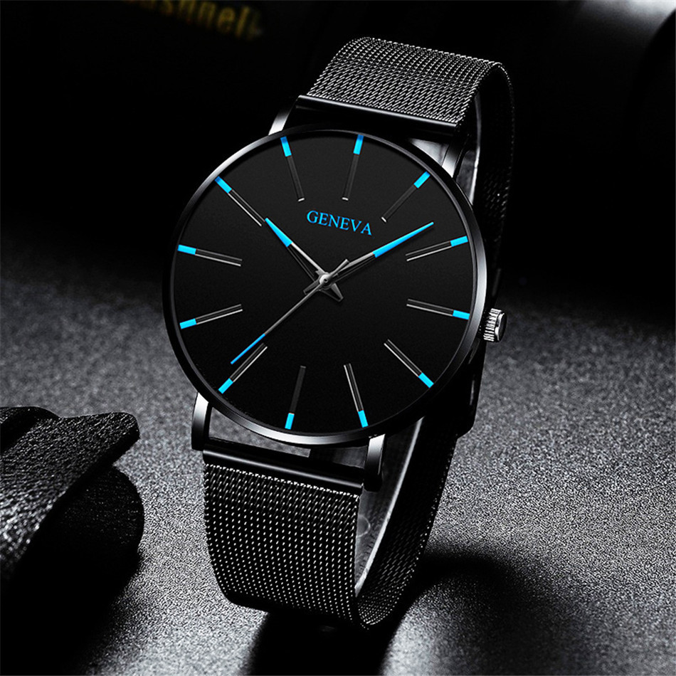 2022 Luxury GENEVA Male Elegant Ultra Thin Watches Men Business Stainless Steel Mesh Quartz Wrist Watch