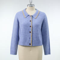 Cardigan en tricot à col Peter Pan avec bordure en dentelle pour femme, manches longues, boutonné, court