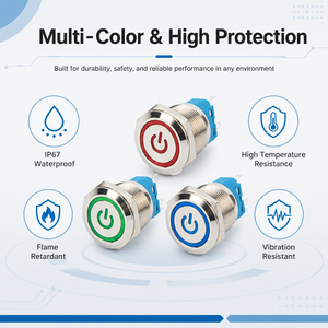 สวิตช์กดแบบมีไฟ LED สีดำ 10A ขนาด 12 มม. 16 มม. 19 มม. 22 มม. 24V 220V หัวแบน แบบกดติดปล่อยดับ 1NO1NC IP67 - Product Image 6