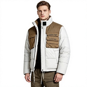<b>Men's</b> Color Blocking Puffer <b>Jacket</b> Stand Collar Zipper Front Logo Customizable Winter Outdoor Coat Windproof Casual Thick - Product Image 1