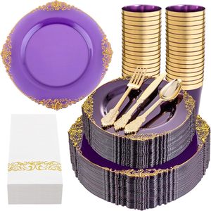 350PCS Purple Plastic Dinnerware Sets for 50 Guests Includes100 <strong>Disposable</strong> <strong>Plates</strong> 150 Gold Silverware 50 Cups 50 Napkins - Product Image 2