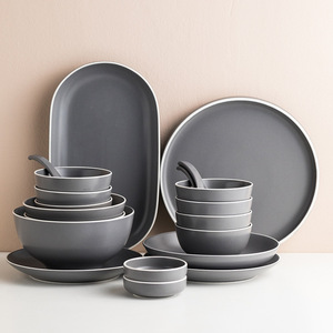 Service de table en céramique grise avec bords blancs et accents floraux-Vaisselle lavable au lave-vaisselle pour hôtel, <span class=keywords><strong>restaurant</strong></span> et fête à la maison - Product Image 5