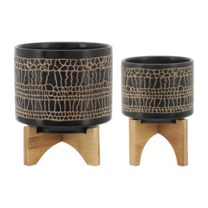 Vasi Cilindrici con Supporto in Ceramica Stoneware, Base in Legno di Bambù, per Interni ed Esterni, Decorazione Casa - Product Image 1