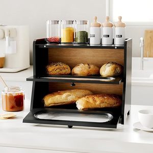 Bread Box Double Layer Black Bamboo With Transparent Window <b>Kitchen</b> Storage Desktop Organizer - Product Image 3