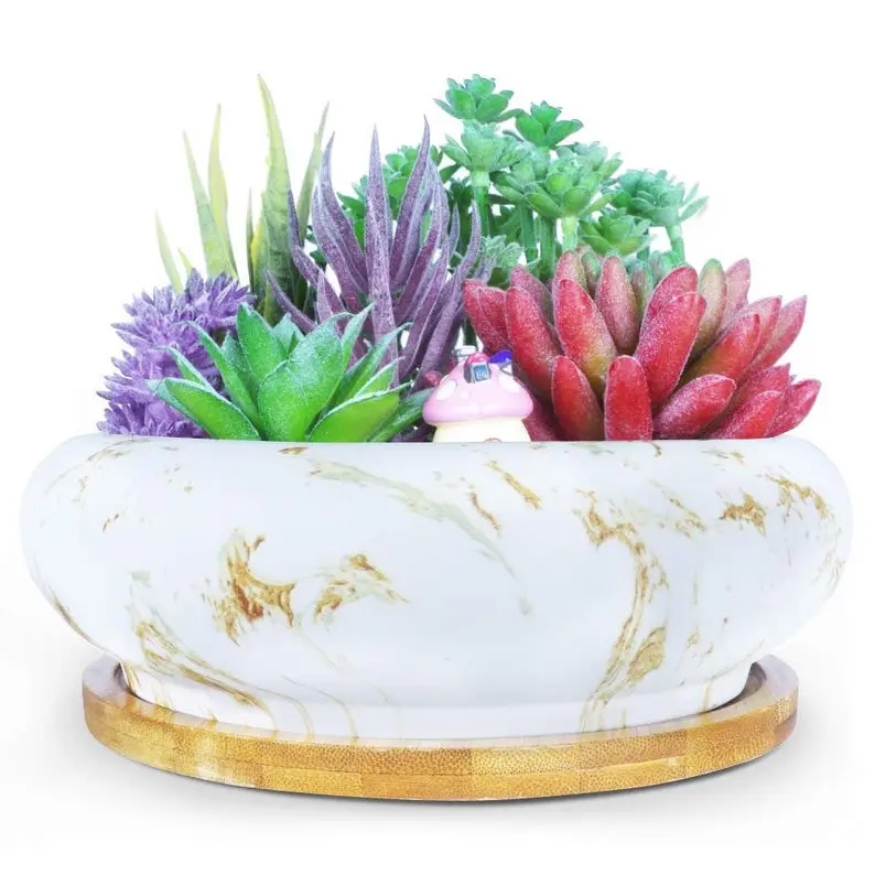 Planteur en céramique Style marbre marron, Pot de plantes, Vase, trou de Drainage, fleurs Cactus, grandes plantes, en bambou, 7.3 cm, 4 pièces