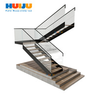 Escalier flottant préfabriqué moderne HJ pour villa, avec éclairage LED, escalier droit en bois massif, garde-corps en verre pour appartements