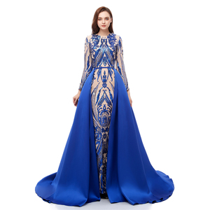 Blue/Red/Rose Gold/Green Custom Made <strong>Size</strong> High Neck Long Sleeve Prom Dresses 2019 Muslim <strong>Sequins</strong> Party Dress Detachable <strong>Skirt</strong> - Product Image 6