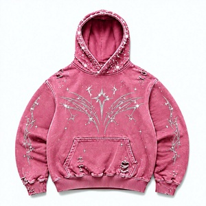 Sweat-shirt à capuche noir personnalisé avec strass, unisexe, coupe oversize, style streetwear, en molleton bouclette 100% coton respirant - Product Image 3