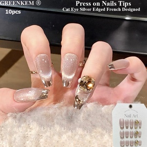 10 Uds. <span class=keywords><strong>Uñas</strong></span> de diseño francés con bordes plateados, efecto espejo de ojo de gato desnudo, forma de T hecha a mano con Kit de aplicación, puntas de presión - Product Image 1