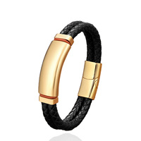 Bracelet en cuir véritable à double couche avec fermoir magnétique, design vintage, acier inoxydable plaqué or 18 carats, gravure de nom et logo, pour homme