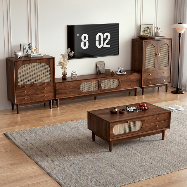 Rattan Solid Wood Frame TV Cabinet Coffee Table Combination for Small Apartments Home Living Room Storage All-in-One New Style