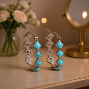 Pendientes de aro tipo aro con turquesa, engaste geométrico en oro blanco, estilo bohemio para mujer E3390 - Product Image 2