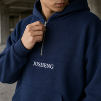 Sweat à capuche demi-zip personnalisé pour homme en molleton bouclette coupe ample, sur mesure, bleu marine, coton épais, streetwear, effet délavé