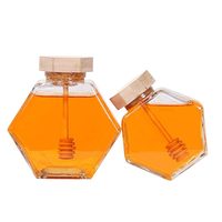 Grosir Botol Kaca Madu Kosong Bentuk Heksagonal 100ML 220ML 280ML 380ML Custom Dengan Tutup Kayu dan Sendok
