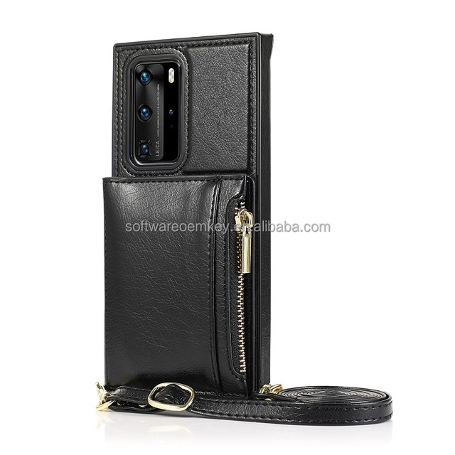 Double Lanyard Zipper Magnetic Card Slot Wallet Case for Huawei P30 P40 Shockproof Bracket Leather Case for Huawei P30 P40 Pro