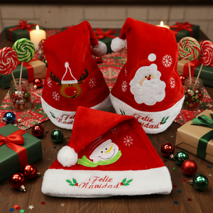 Vente en gros de chapeaux de Père Noël de haute qualité pour adultes, bonnets de Noël pour enfants, décorations de Noël, rennes brodés, écologiques, rouges - Product Image 1