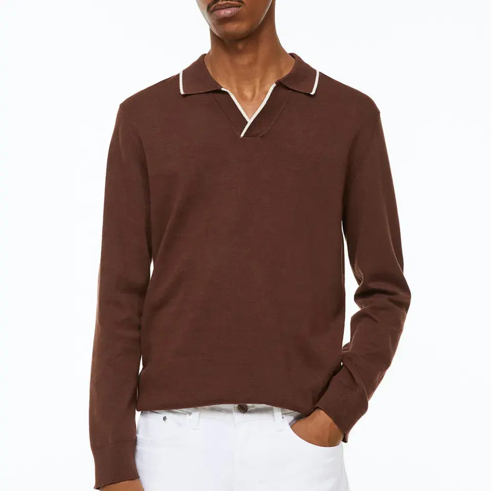 Outono slim-fit simples camisa polo masculina de malha fina algodão oversize camisa polo masculina contraste design respirável camisa polo