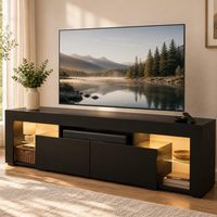 Meuble TV moderne noir de 63 pouces avec éclairage LED RGB 20 couleurs, 2 grands tiroirs et étagères en verre trempé, console multimédia pour téléviseurs jusqu'à 70 pouces