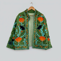 Jaket Beludru Hijau Zaitun Berkualitas Premium Terbaru untuk Wanita, Gaya Bohemian Estetik, Cardigan Blazer Bermotif Bunga