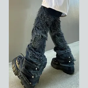 DIZNEW 2024 Men's Loose Fit Skinny Jeans Black Denim Pants With Print Pattern Bulk Wholesale Damaged Baggy CatWhiskers Jeans