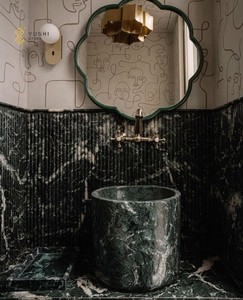 YUSHI Diseño moderno Verder Alpi Green Fregadero de baño de mármol estriado <span class=keywords><strong>Lavabo</strong></span> independiente cuadrado personalizable para baños de hotel - Product Image 5