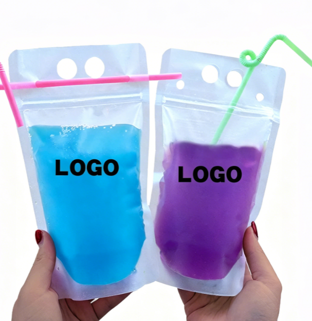 Customized Disposable PE Plastic Juice Drink Pouches with Straw Hole Clear Water Liquid Food Beverage Packaging