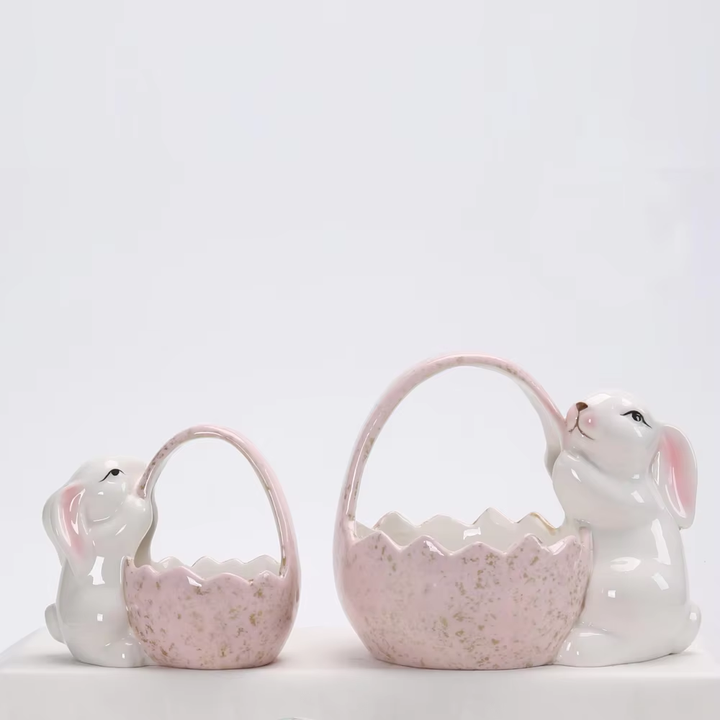 Spring Easter Party Supplies Gifts Fine Porcelain Bunny with Easter Basket Figurine