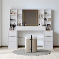 Coiffeuse en chêne sur mesure, robuste, avec miroir et éclairage, 8 tiroirs, étagères ouvertes et LED réglables pour chambre à coucher