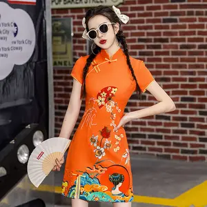 Qipao For woman Summer Floral Mini DressTeenager Chinese Style Cheongsam Traditional Ethnic Costume