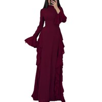 Gaun Maxi Chiffon Lengan Panjang Kerah Mock Neck Wanita dengan Ruffle Bertingkat di Samping, Pinggang Ramping, Elegan untuk Acara Malam dan Formal