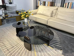Ensemble de tables basses rondes modernes en verre trempé, design emboîtable, meubles de salon, cadre en métal noir - Product Image 1