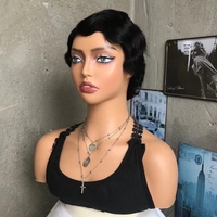 Perruques Courtes à Ondes Doigtées Abordables pour Femmes, Perruque Pixie en Cheveux Humains 100% Vierges, Courte, Faite à la Machine Intégralement, Sans Lacet