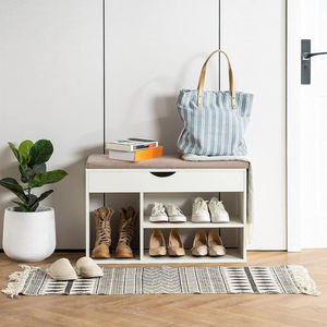 Banco zapatero blanco de 2 niveles con organizador de almacenamiento de madera para entrada y cojín acolchado con cajón abatible - Product Image 3