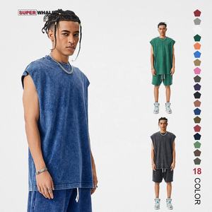 عالية الجودة للرجال قمم للدبابات حمض غسل خزان أعلى شعار مخصص المتضخم بلا أكمام تي شيرت - Product Image 1