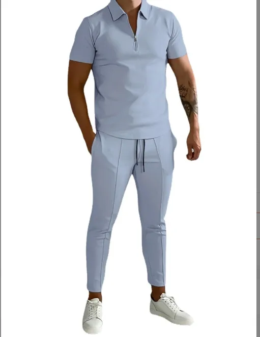 Camisa polo de lapela masculina de manga curta calças esportivas casual conjunto de duas peças