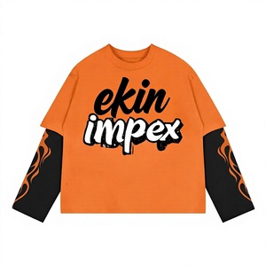 2025 New Trending Y2K Streetwear Oversized Boxy Fit Two Piece Long Sleeve T <b>Shirt</b> Custom Logo <b>Flame</b> Print Orange Black Unisex - Product Image 1