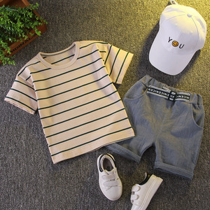 Conjunto de Dos Piezas para Niños Pequeños, Camiseta de Manga Corta con Cuello Redondo y Rayas de Verano, Pantalones Cortos Deportivos, Transpirable y Cómodo - Product Image 1